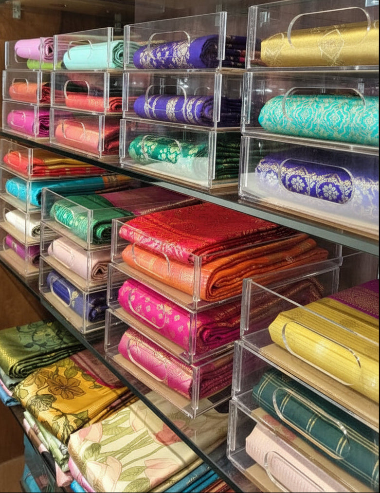 Stacked clear acrylic drawers with colorful fabric rolls inside